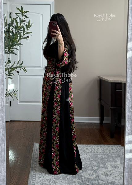 Black/Olive Green Elegant Floral Full Embroidered Thobe