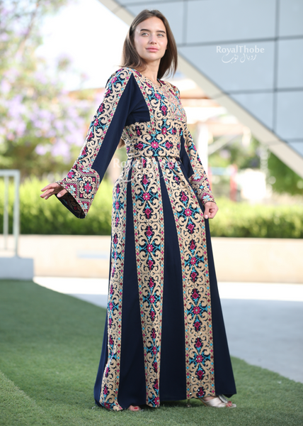 Navy Blue Simple 6 Lines Flower Full Embroidered Thobe