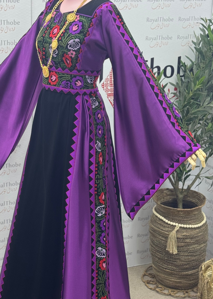 Black/ Purple Floral Satin Long Full Embroidered Thobe