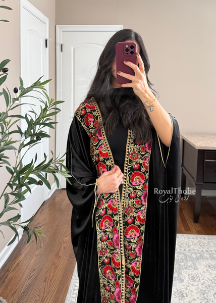Black Floral Velvet Bisht -Free Size