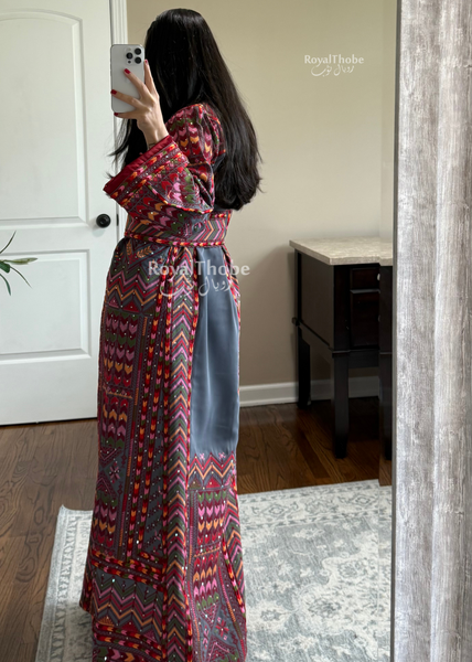 Dark Gray/Burgundy Modern Sahem Long Full Embroidered Thobe With A Revisable Burgundy Satin Belt