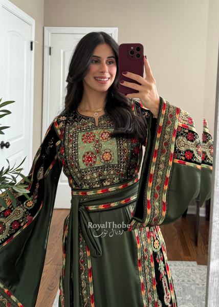 Olive Green Satin & Black Velvet Maleka Fully Embroidered Thobe