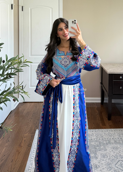 White/ Blue Satin Classic Full Embroidered Thobe