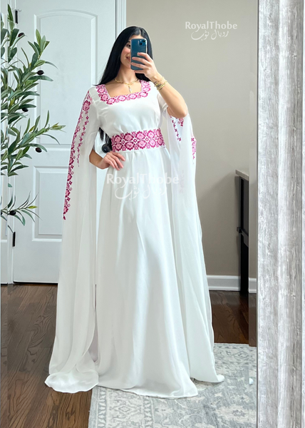 White/Pink Flower Simple Embroidered Dress With Long Open Sleeves