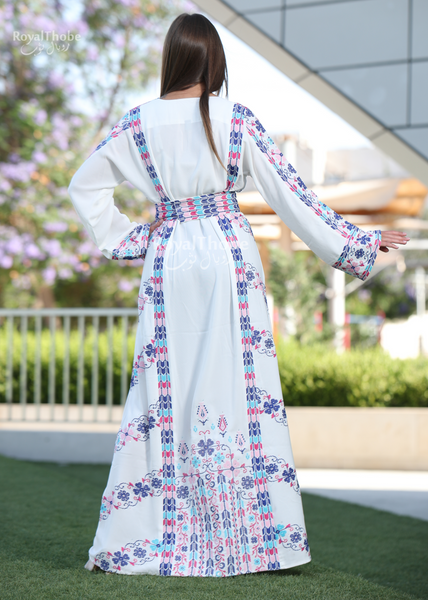 White/Blue Simple Flower Long Full Embroidered Thobe