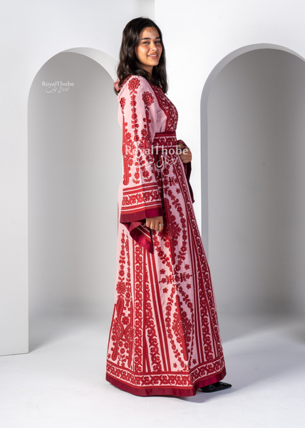 Pink Floral Maleka Long Full Embroidered Thobe.