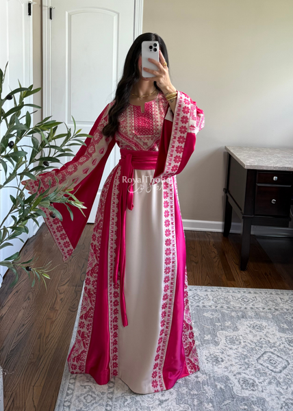 Beige/Pink Floral Long Full Embroidered Thobe