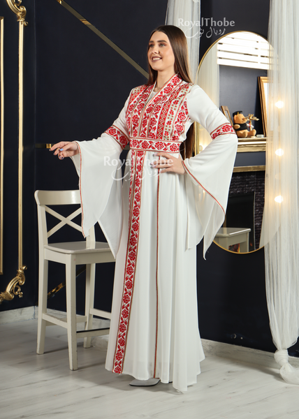 White/Red Simple Flower Embroidered Kaftan