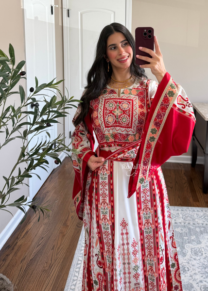 White/ Red Satin Maleka Kasab Full Embroidered Thobe