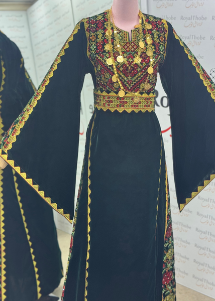 Velvet Olive Green Simple Floral Long Embroidered Thobe/Dress