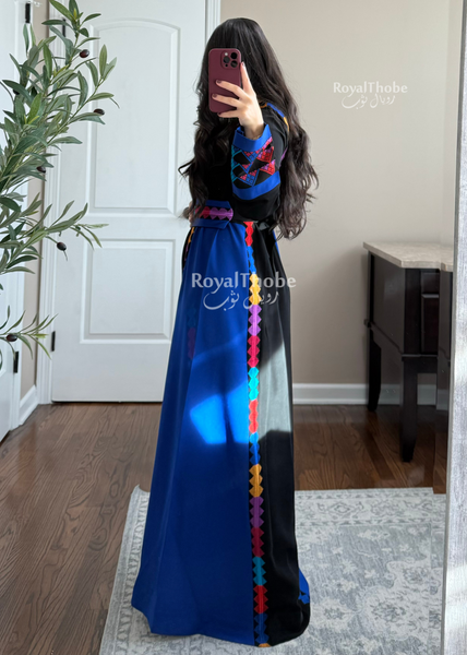 Black/Royal Blue Colorful Square Neck Long Full Embroidered Thobe