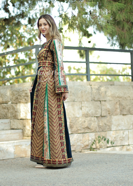 Velvet Olive Green Side Maleka Long Full Embroidered Thobe With Beige Reversible Suede Belt
