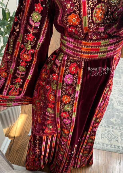 Velvet Burgundy Maleka Floral Long Fully Embroidered Thobe