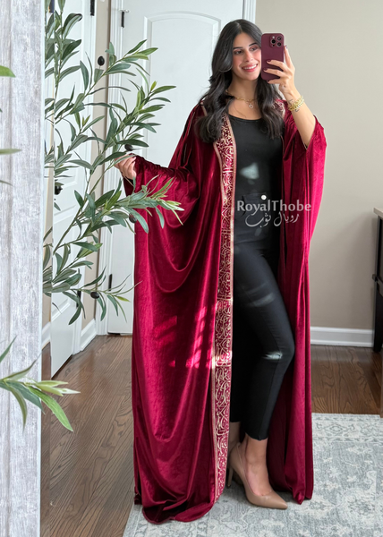 Burgundy Velvet Arabic Letter Bisht -Free Size