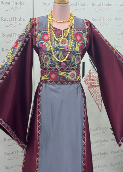 Gray/Burgundy Simple Floral Satin Long Full Embroidered Thobe/Dress