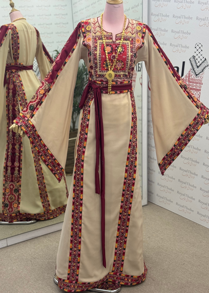 Beige / Burgundy Manajel Mini Flowers Long Full Embroidered Thobe