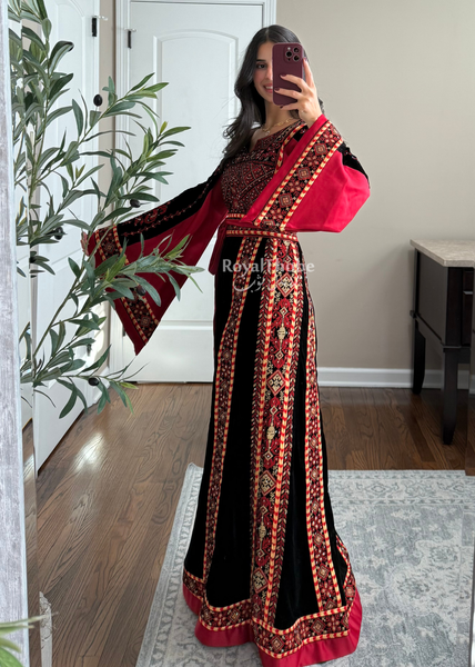 Velvet Black/Burgundy Simple Long Fully embroidered Thobe