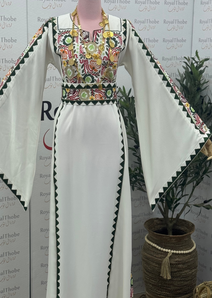 White/ Olive Green Simple Floral Long Embroidered Thobe