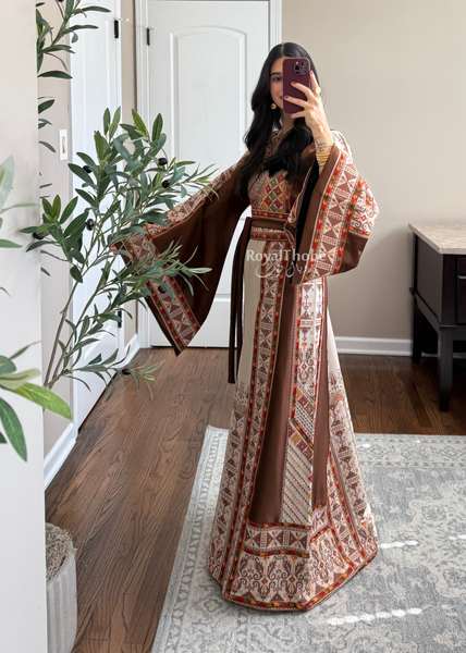 Beige/Brown Triangle Full Embroidered Thobe