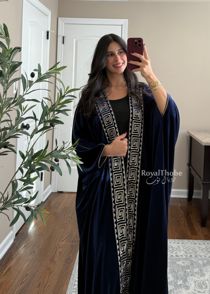 Navy Blue Velvet Kasab Gold Squares Bisht  -Free Size