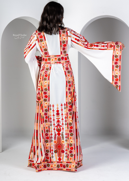White/Red Flare Flower Maleka Long Full Embroidered Thobe