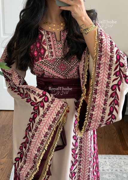 Beige/ Burgundy Zaytona Branches Full Embroidered Thobe