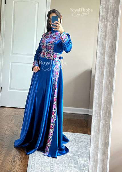 Royal Blue Satin Turtleneck Modern Long Embroidered Dress