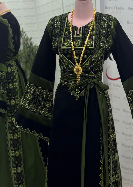Black /Olive Green Simple Satin Long Full Embroidered Thobe