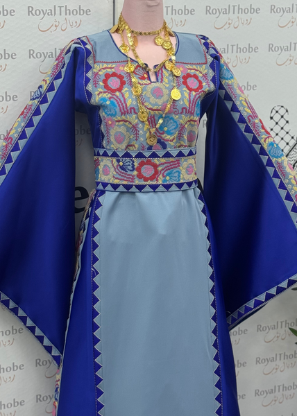 Light Blue/Royal Blue Floral Satin Long Full Embroidered Thobe
