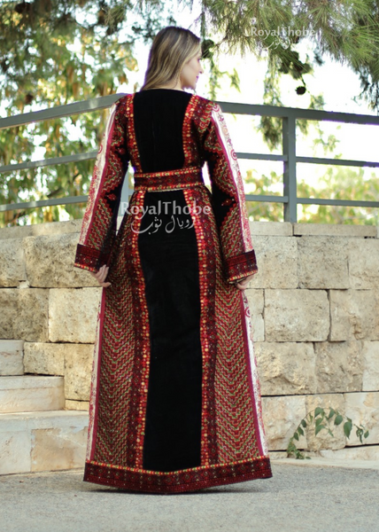 Velvet Black Side Maleka Long Full Embroidered Thobe With Beige Reversible Suede Belt
