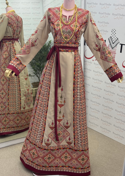 Beige / Burgundy Sahem Long Full Embroidered Thobe