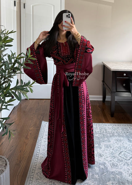 Black/Burgundy Long Full Embroidered Thobe