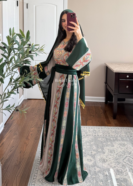 Beige/Olive Green Simple Full Embroidered Thobe