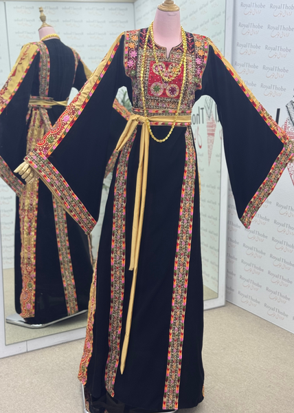 Black / Gold Manajel Mini Flowers Long Full Embroidered Thobe