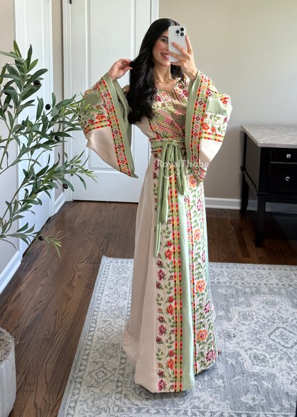 Beige/Sage Floral Long Full Embroidered Thobe