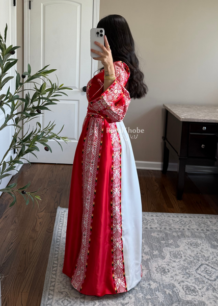 White/ Red Satin Classic Full Embroidered Thobe