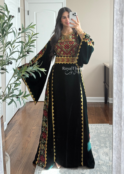 Velvet Olive Green Simple Floral Long Embroidered Thobe/Dress