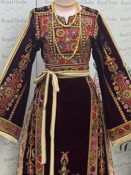 Velvet Burgundy Maleka Modern Long Full Embroidered Thobe