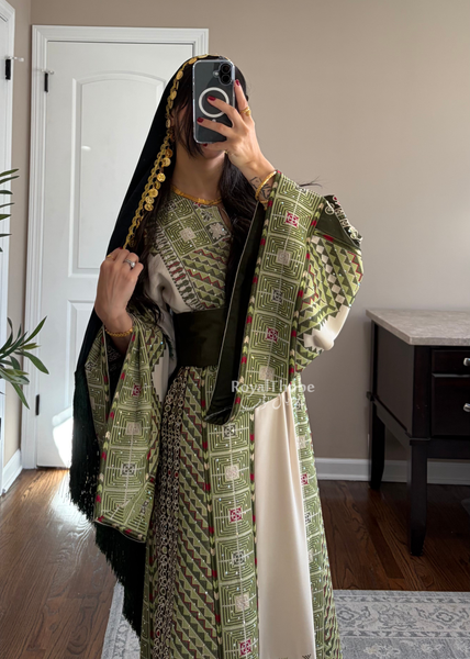 Beige/ Olive Green Arrow Full Embroidered Thobe With Olive Green Gold Coins Kherka