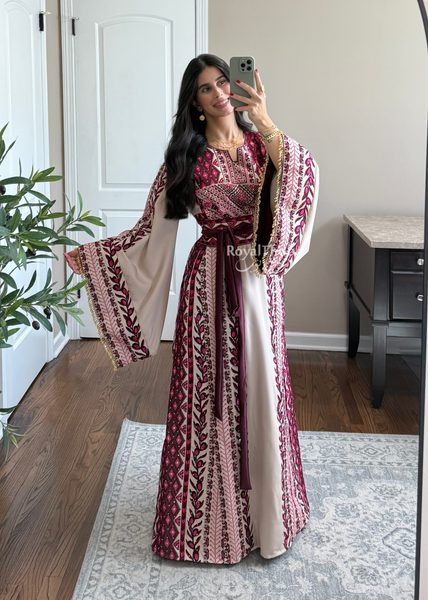 Beige/ Burgundy Zaytona Branches Full Embroidered Thobe