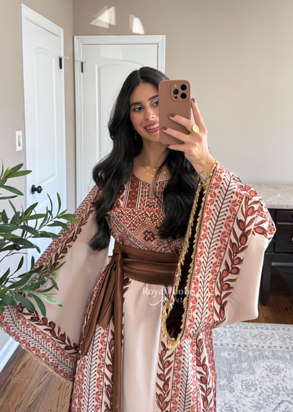 Beige/ Brown Zaytona Branches Full Embroidered Thobe