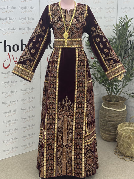 Velvet Burgundy/Gold Modern Long Full Embroidered Thobe