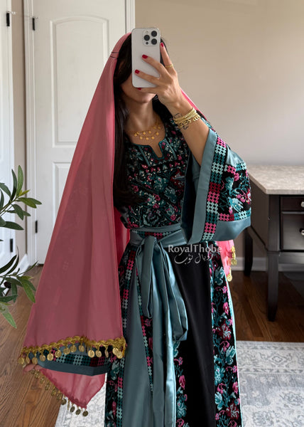 Black/Blue Floral&nbsp;Long Full Embroidered Thobe