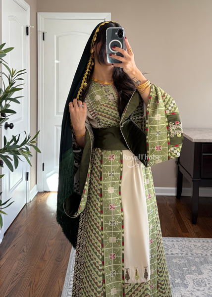 Beige/ Olive Green Arrow Full Embroidered Thobe With Olive Green Gold Coins Kherka