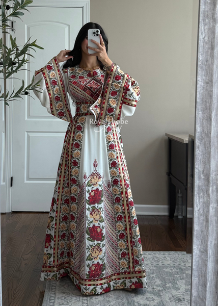 Bridal White/ Red and Gold Kasab Floral Full Embroidered Thobe And Shaleh Included