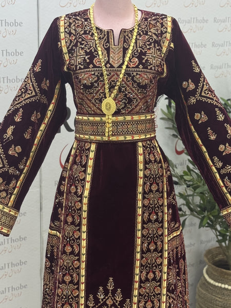 Velvet Burgundy/Gold Modern Long Full Embroidered Thobe