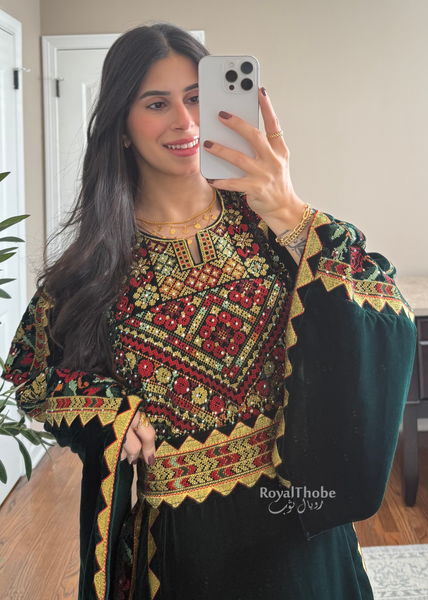 Velvet Olive Green Simple Floral Long Embroidered Thobe/Dress