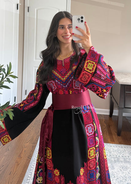 Black Colorful Maleka Full Embroidered Thobe
