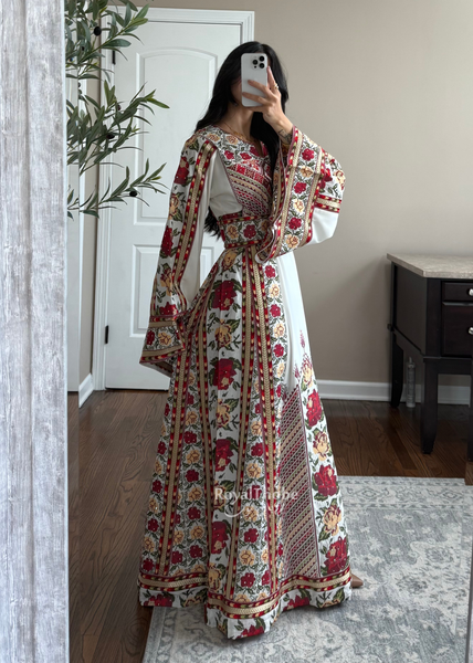 Bridal White/ Red and Gold Kasab Floral Full Embroidered Thobe And Shaleh Included