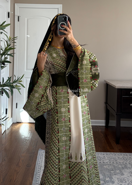 Beige/ Olive Green Arrow Full Embroidered Thobe With Olive Green Gold Coins Kherka